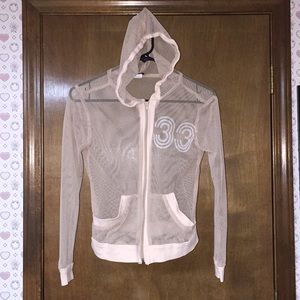 Sheer fishnet varsity zip up hoody hooded jacket